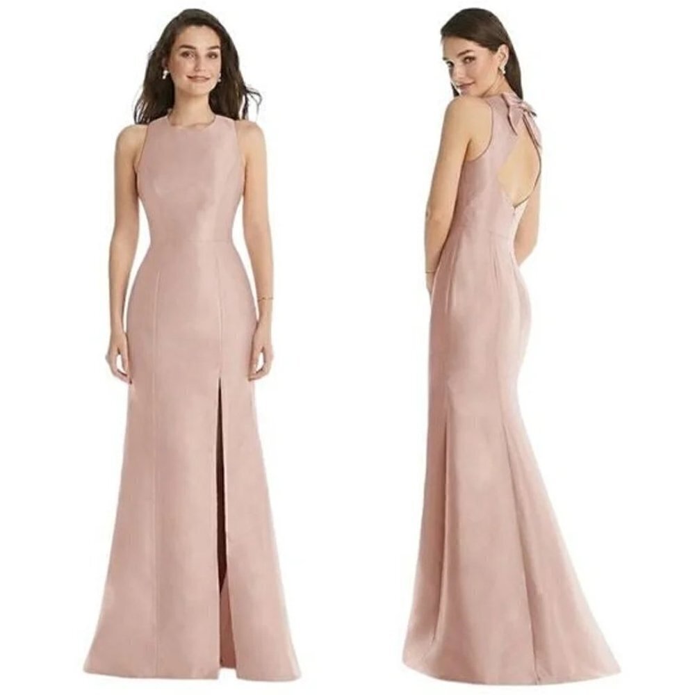 ALFRED SUNG Jewel Neck Bowed Open-Back Trumpet Dress With Front Slit Size 8